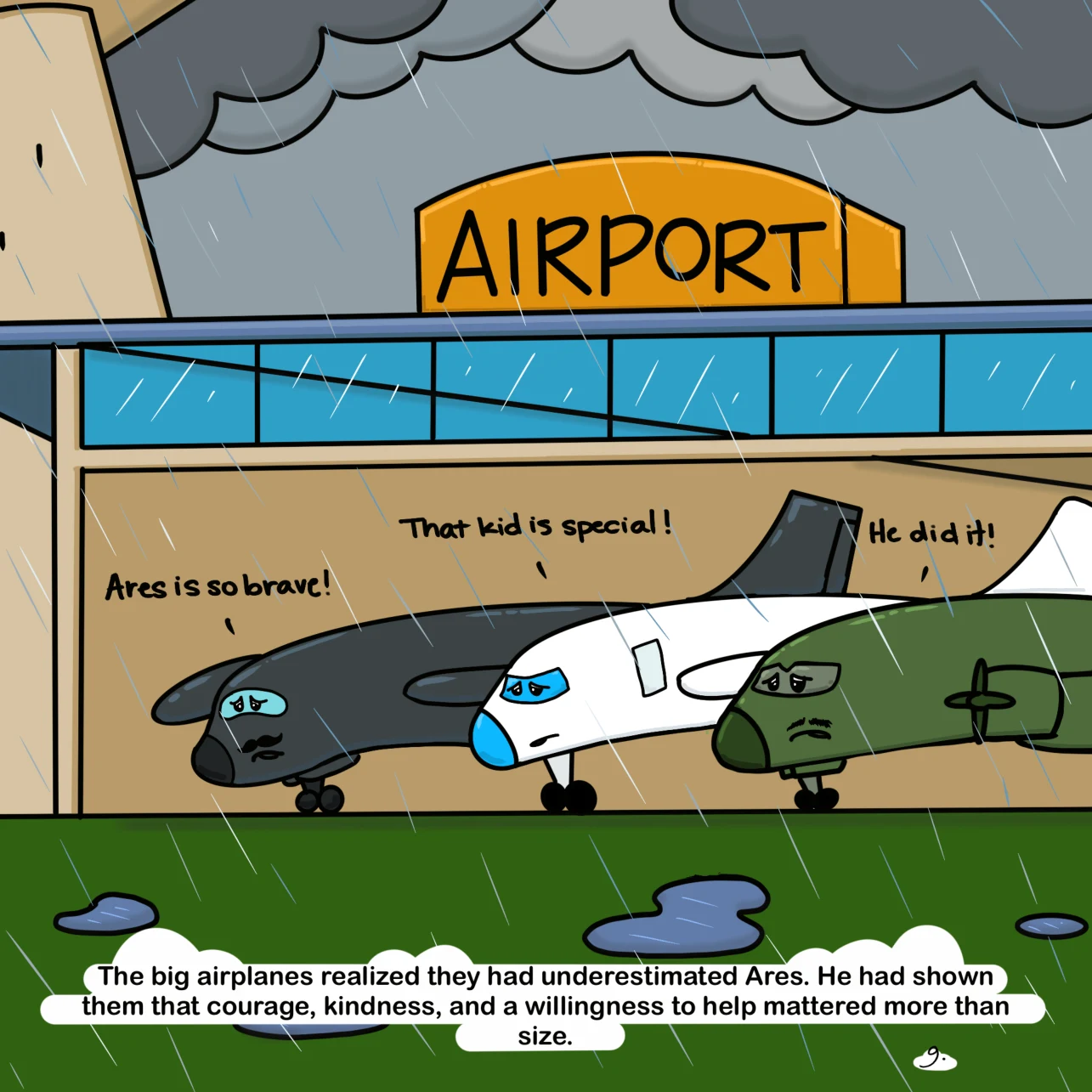 Original page 9: the big planes recognize Ares's courage